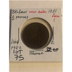 Rare Early 1861 OVER DATE Great Britain 1/2 Penny Very Good Grade