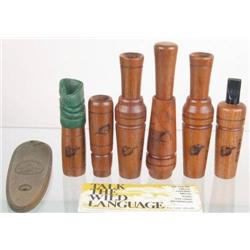 Lot of six wooden wildlife calls goose, crow, pre