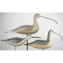 Lot of three shorebird decoys. A Mason type metal