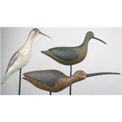 Lot of three shorebird decoys. A Cobb style runni