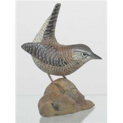 Miniature house wren on a driftwood mount by Jess