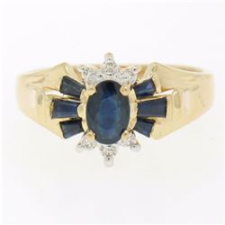 14k Solid Yellow Gold 0.90 ctw Prong Set Oval & Baguette Sapphire Diamond Ring