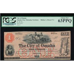 1800's $1 City of Omaha Obsolete Note PCGS 63PPQ