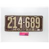 Image 1 : Vintage 1922 Missouri License Plate