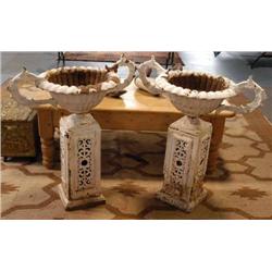 PAIR OF VICTORIAN CAST IRON GARDEN URNS ON STANDS