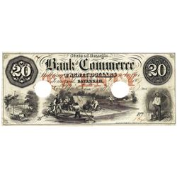 1857 $20 Bank of Commerce, Savannah, GA Obsolete Bank Note