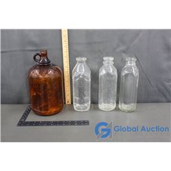(3) Glass Milk Bottles & Javex Jug
