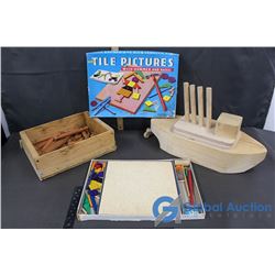 Tile Pictures, Wooden Boat & Wooden Toys