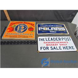 Fancy Wooden Apple Label, Small Porcelain Fantasy Sign and Polaris Advertising Licence Plate