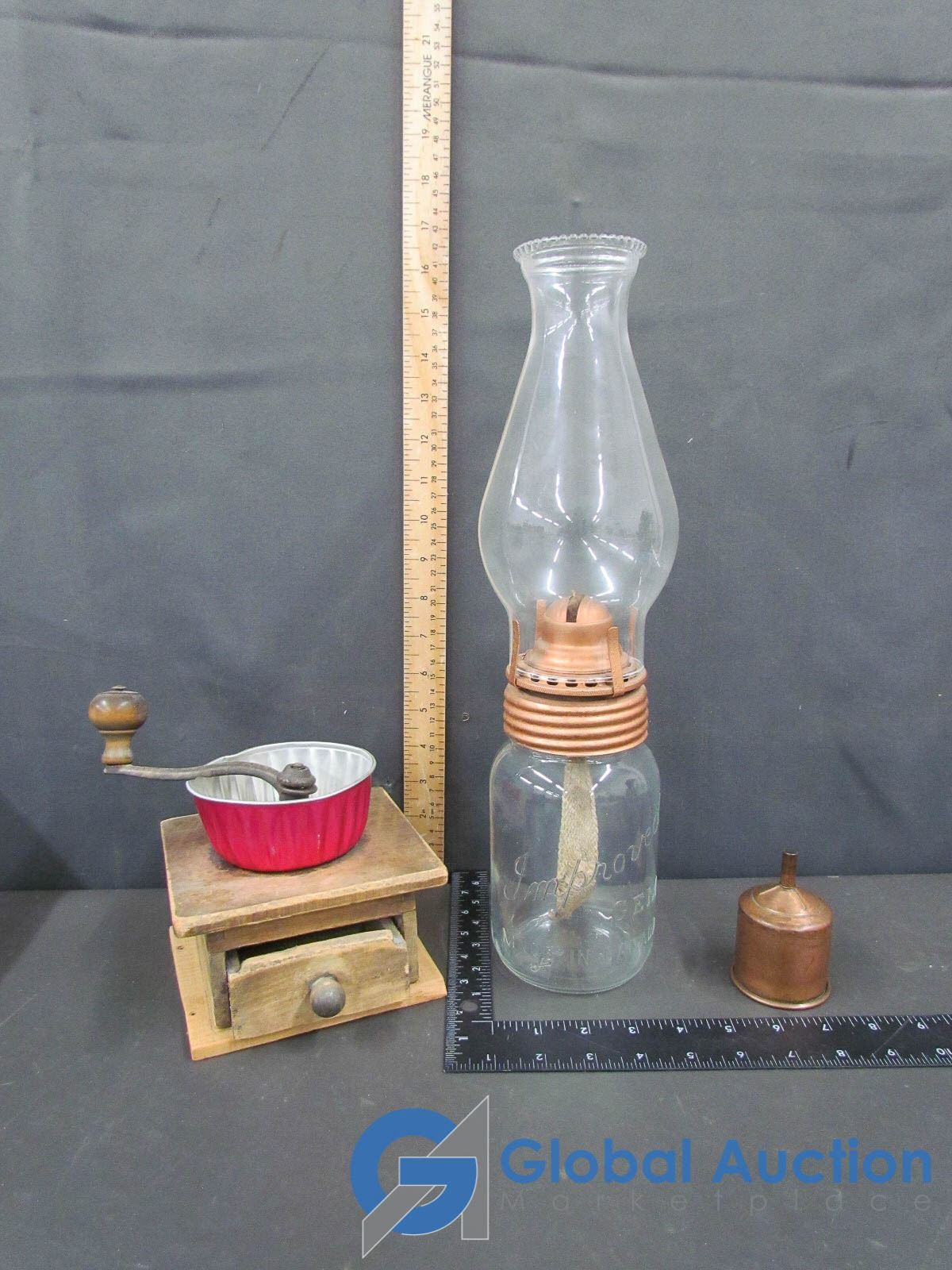 Vintage Wooden Coffee Grinder, Lamp & Copper Funnel