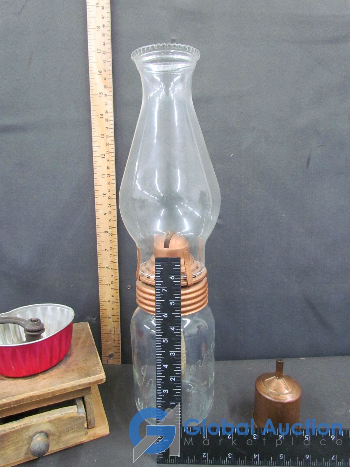 Vintage Wooden Coffee Grinder, Lamp & Copper Funnel