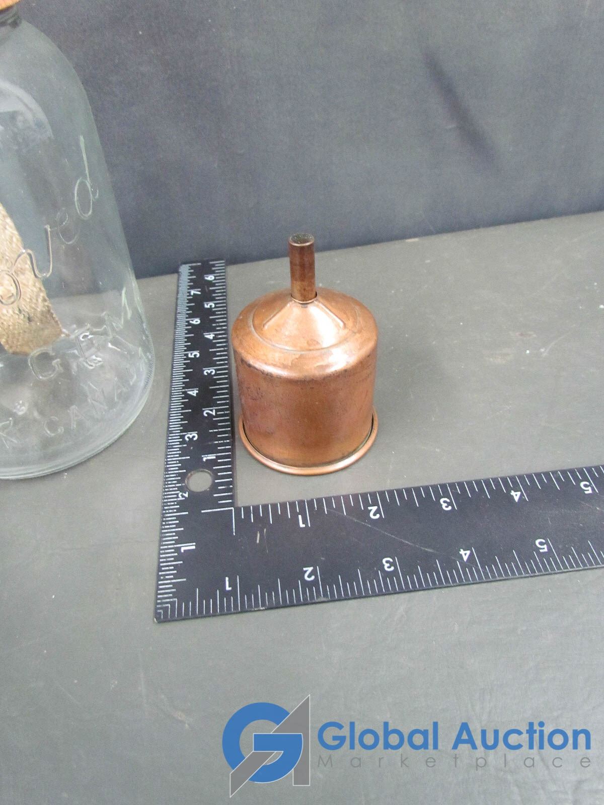 Vintage Wooden Coffee Grinder, Lamp & Copper Funnel
