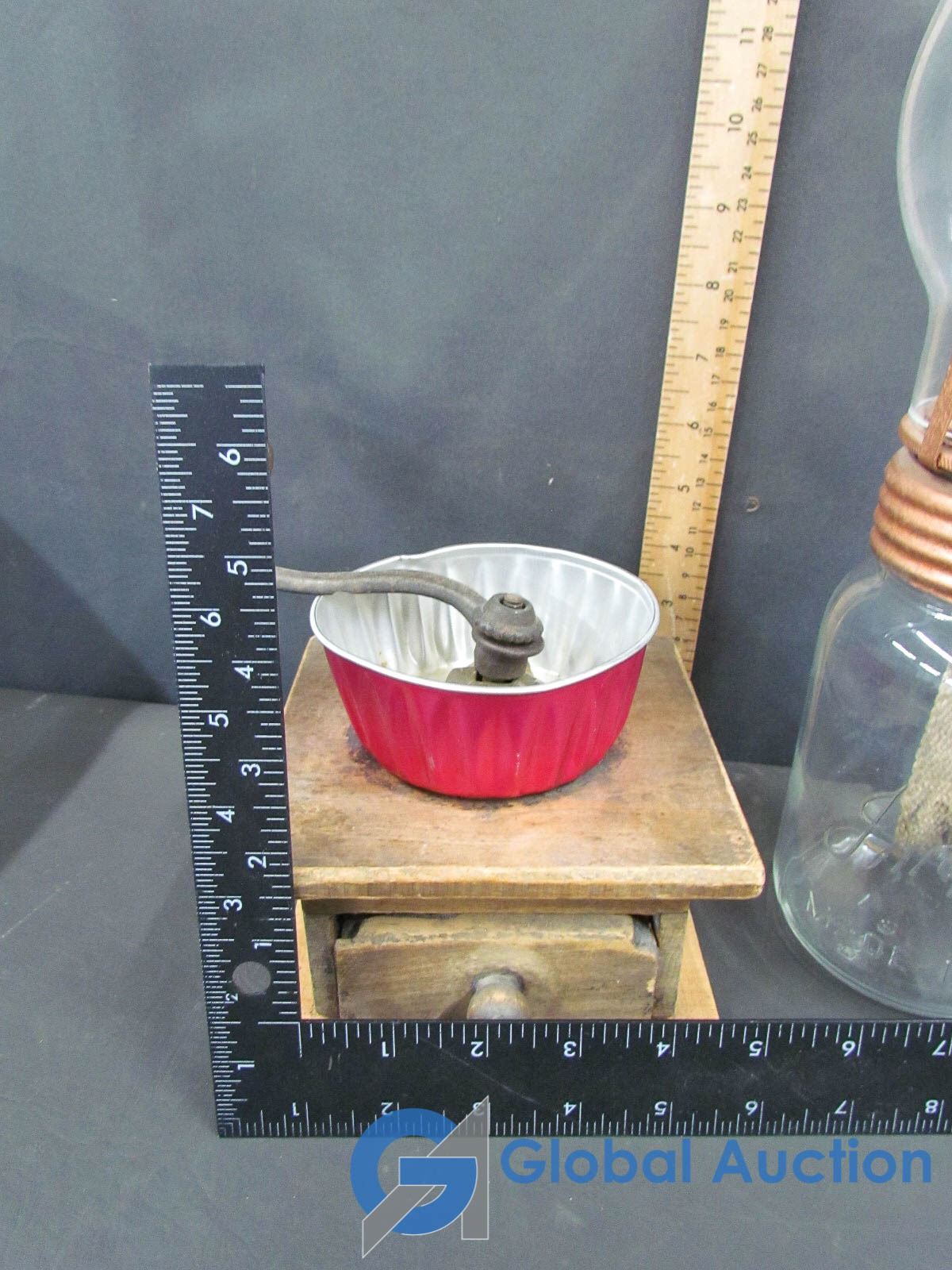 Vintage Wooden Coffee Grinder, Lamp & Copper Funnel