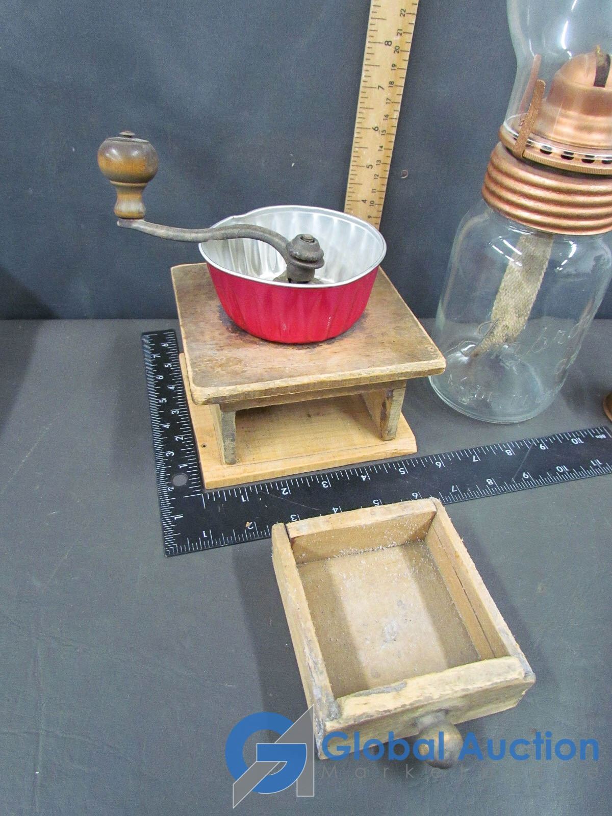 Vintage Wooden Coffee Grinder, Lamp & Copper Funnel