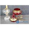 Image 1 : Red Glass Candy Dish w/ Lid; Glass Lamp Base & Brass Bell