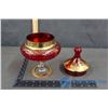 Image 3 : Red Glass Candy Dish w/ Lid; Glass Lamp Base & Brass Bell