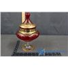 Image 4 : Red Glass Candy Dish w/ Lid; Glass Lamp Base & Brass Bell