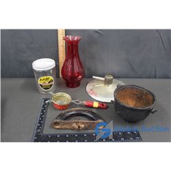Red Lamp Chimney, Cast Iron Salesman Sample Kettle, & Jack & Jill Peanut Butter Jar