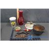 Image 1 : Red Lamp Chimney, Cast Iron Salesman Sample Kettle, & Jack & Jill Peanut Butter Jar