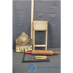 Wooden Rolling Pin, Brass Spring Scale and other