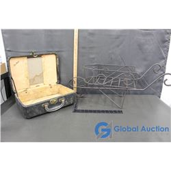 Leather Wrapped Case & Wrought Iron Wheel Barrow Decor