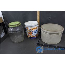 Stoneware Crock, Glass Jar w/ Lid & Candy Tin