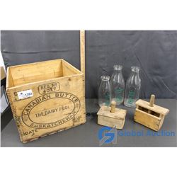 Dairy Pool Butter Crate, (2) Antique Wooden Butter Presses & (3) Embossed Milk Bottles