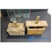 Image 4 : Dairy Pool Butter Crate, (2) Antique Wooden Butter Presses & (3) Embossed Milk Bottles