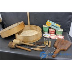 Antique Wooden Cheese Box & Cheese Items