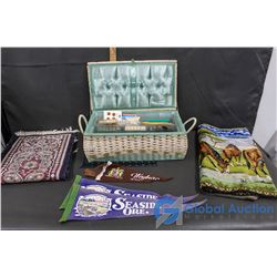 Vintage WIcker Sewing Basket & 3 Tapestries & Pennants