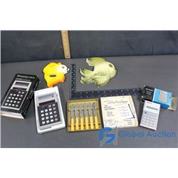 Vintage Dinkee Small Knives, 2 Chalkware Fish, & 2 Vintage Calculators