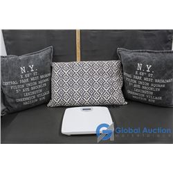 Taylor Vintage Bathroom Scale & 3 Pillows