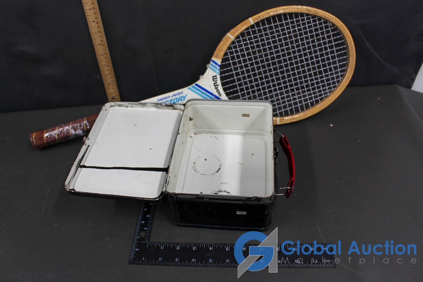 Vintage Women's Wilsons Wooden Tennis Racket, & Vintage Tin Lunch Box