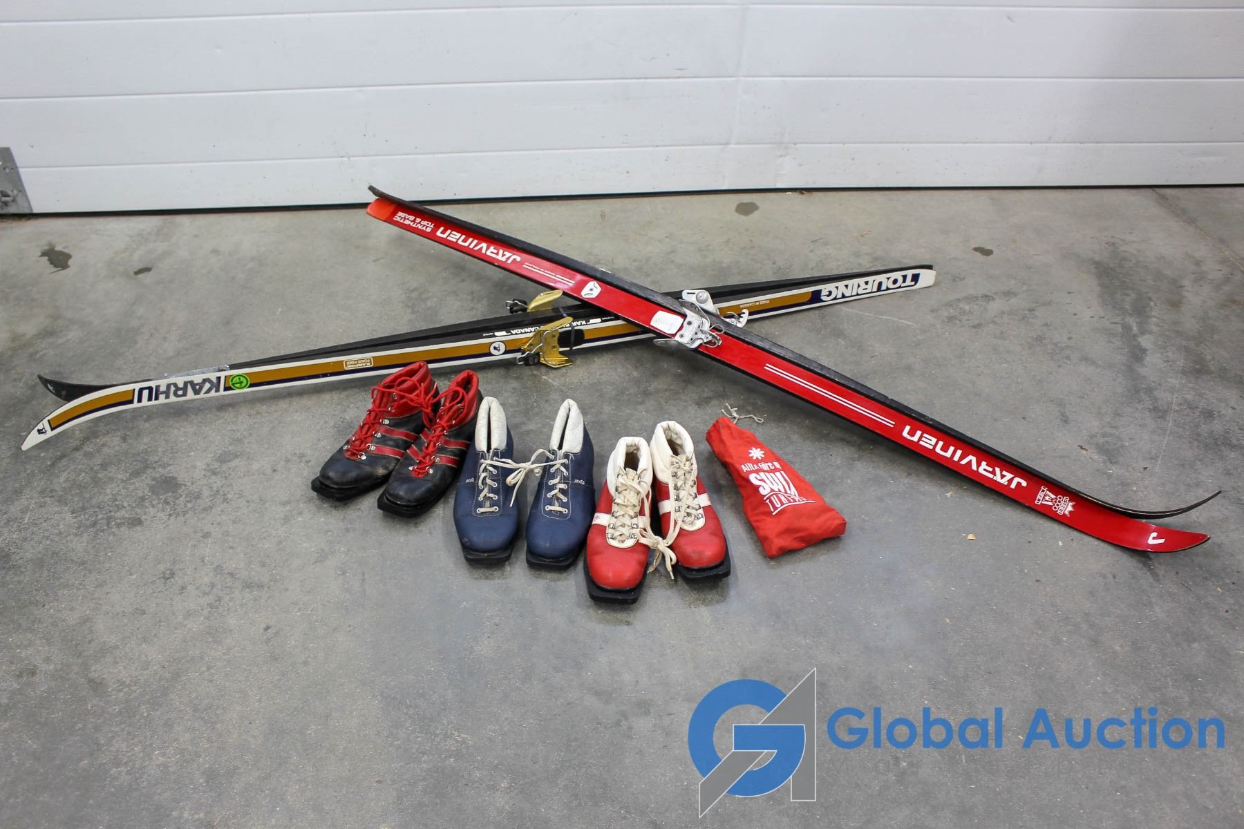 (2) Pair Vintage Cross Country Skis w/ 3 Pairs of Boots & Ski Wax