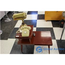 Mid Century Modern Telephone Table, Rotary Phone & Lamp