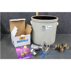 Glass Door Knob Set (One side turning purple); 3 Gallon Crock w/ Brown Lining (Cracked);