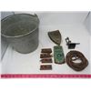 Image 1 : LOT OF MISC ITEMS (METAL PAIL, 4 X SPARK PLUGS IN BOXES, PARTS, ETC)