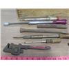 Image 2 : TOOL BOX (WOOD) *INCLUDES TOOLS; SCREW DRIVER, PIPE WRENCH* (BOX IS 18.5" X 9.5" X 7")