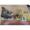 Image 1 : LOT OF VINTAGE SPORTS EQUIPMENT (MEN'S SKATES, PARTIAL WOOD CROQUET SET WITH BAG)