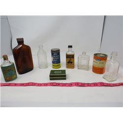 LOT OF 9 VINTAGE CONTAINERS (SOME WITH CONTENTS) *6 X SMALL GLASS BOTTLES* (1 CARDBOARD PILL BOX WIT