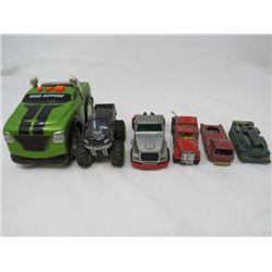 LOT OF ASSORTED TOY VEHICLES ( MONSTER TRUCK, ROAD RIPPER TRUCK, SUPER KING SEMI, FIRE ENGINE AND TA