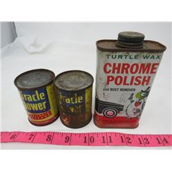 LOT OF 3 METAL TINS (2-MIRACLE TOP CYLINDER LUBRICANT, 1-TURTLE WAX CHROME POLISH AND RUST REMOVER)