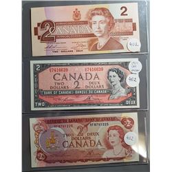 LOT OF 3-2 DOLLAR BILLS (1954, 74, 86) (CANADA)