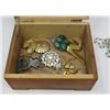 Image 4 : JEWELRY BOX (WOOD) *FULL OF COSTUME JEWELRY: EARRINGS, BROOCHES, ETC* (6.5" X 3.5" X 5.5")