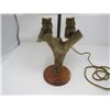 Image 2 : CARVED LAMP (VINTAGE) *DEER ANTLER* (2 OWLS) *17" TALL*