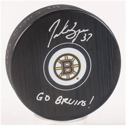 Patrice Bergeron Signed Boston Bruins Logo Hockey Puck Inscribed â€œGo Bruins!" (Bergeron COA)