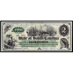 1872 $2 State of South Carolina Obsolete Currency Note