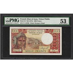 1975 Tresor Public French Afras & Issas 1000 Francs Note PMG About Uncirculated