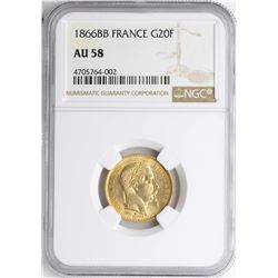 1866BB France 20 Francs Gold Coin NGC AU58