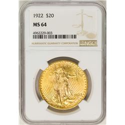 1922 $20 St. Gaudens Double Eagle Gold Coin NGC MS64